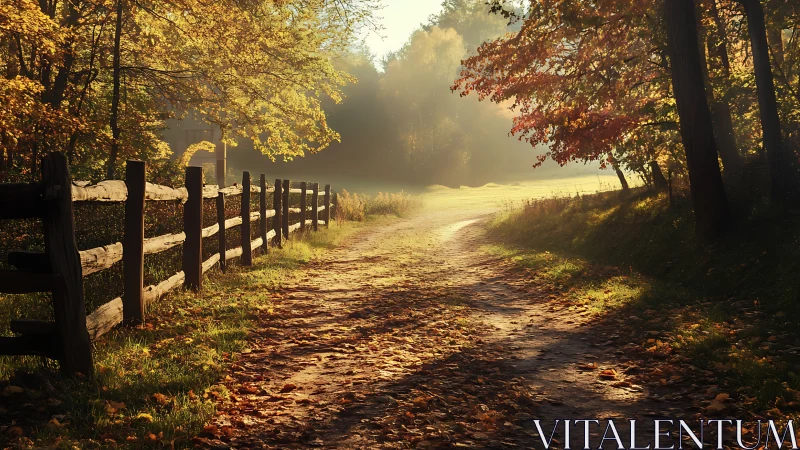 Sunlit country path curves through golden autumn woods.