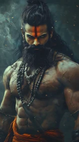 Muscular warrior monk with beads and orange forehead mark.