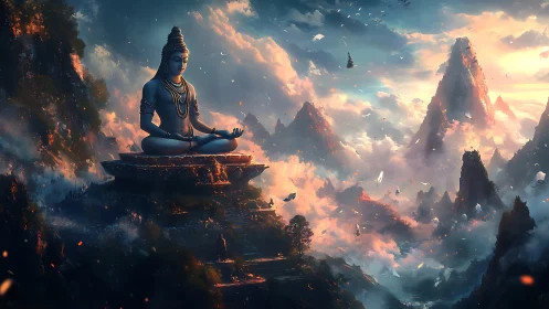 Monumental Shiva statue overlooks volumetric-lit Himalayan cloudscape