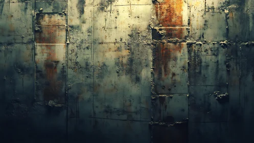 Weathered industrial metal wall with rust in moody lighting.