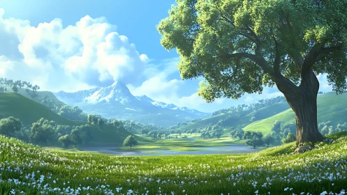 Sunlit meadow dreaming beneath a watchful mountain peak.