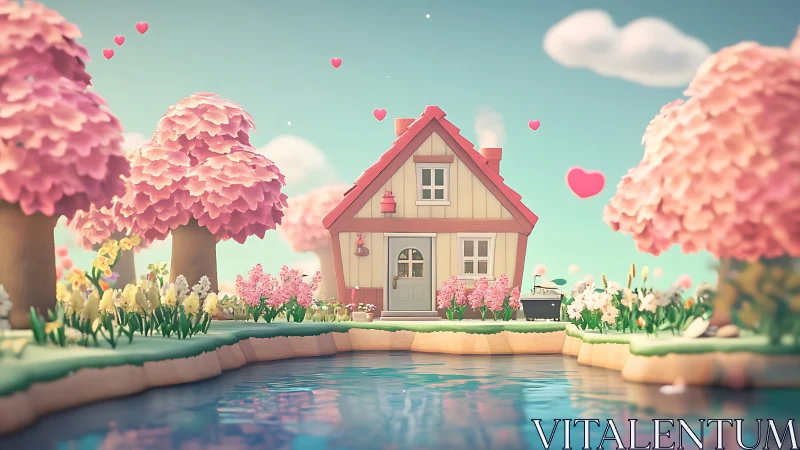 Cozy pastel cottage rests by a lake in a dreamy spring garden