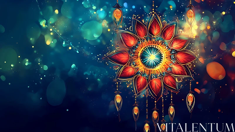 Radial mandala dreamcatcher with luminous bokeh cosmos.