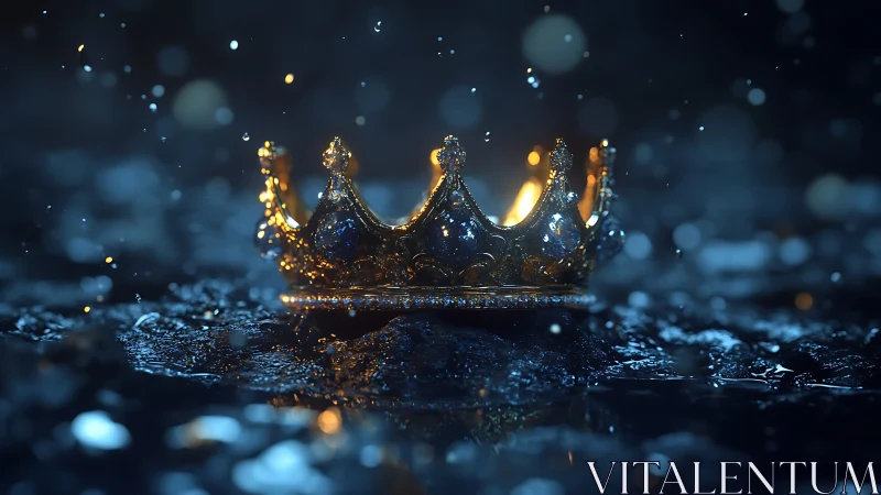 Golden crown rests on wet ground under cold blue light