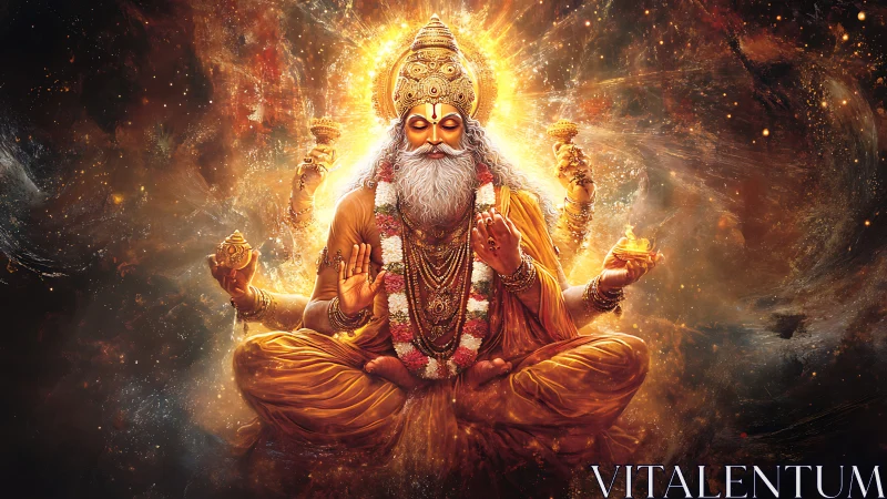 Seated multi-armed figure in radiant cosmic environment.