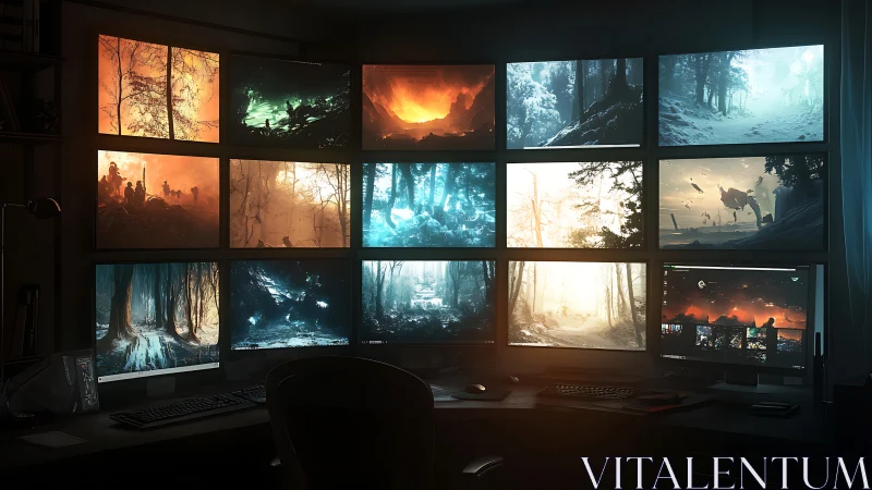 Command chair of worlds: gamer surrounded by living screens.