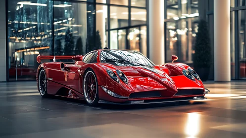 Sleek red supercar glowing under modern showroom lights.