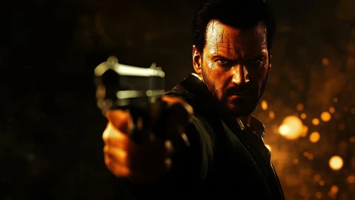 Armed man aims pistol toward viewer under fiery backlight