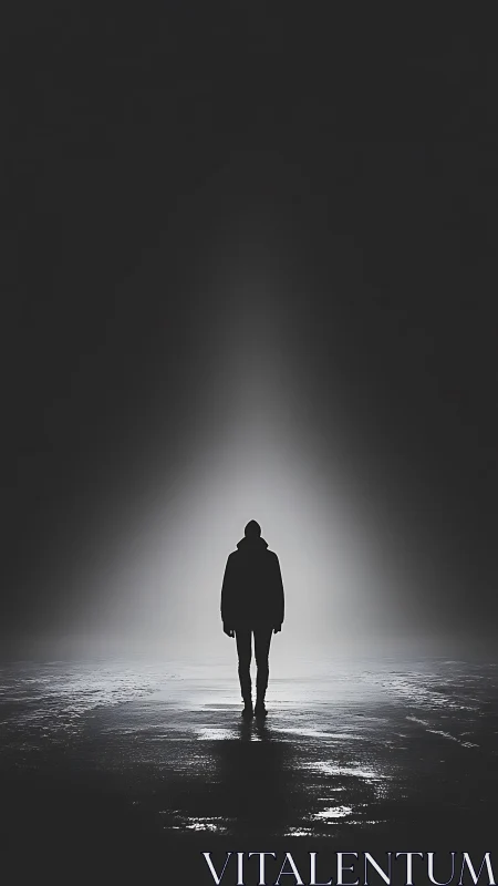 Silhouette figure standing in bright backlit fog at night.