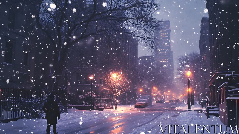 Digital painting of nocturnal snowy city street vignette.