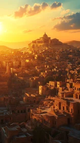 Sunlit terraced stone city with neoclassical hilltop temple at dusk