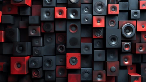 Grid of red and black speakers in a geometric wall pattern.