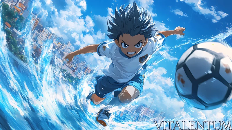 Electric young soccer hero charges forward through splashing waves