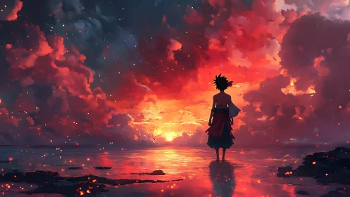 Silhouette stands in shallow water before dense sunset clouds