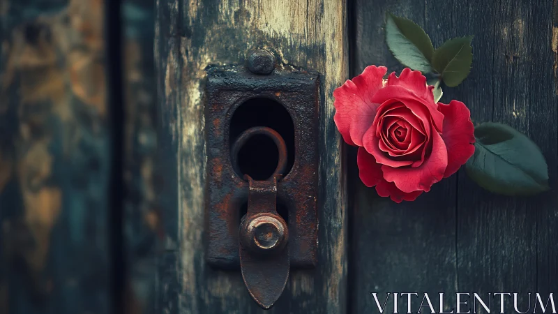 Macro study of rusted lock hardware and high-saturation red rose
