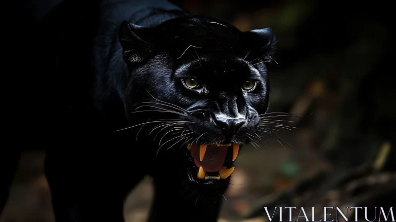 Melanistic Panther Aggression Display: Snarling Feline Dentition