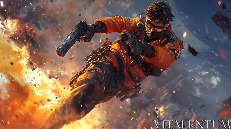 Tactical operative dives through explosion with dual pistols.
