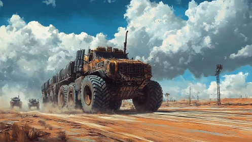 Armored multi-axle desert hauler under towering cumulus clouds