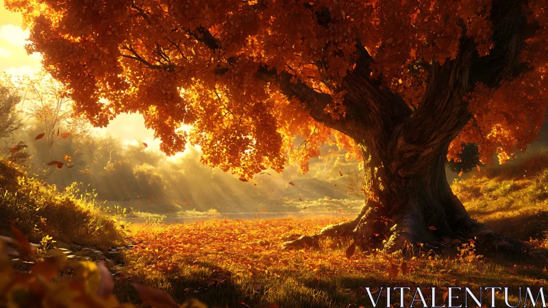 Golden autumn tree glows warmly in gentle afternoon light