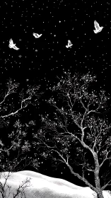 Monochrome winter silhouettes depict birds over snowy trees