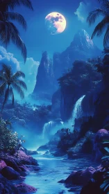 Moonlit tropical river flows through blue misty waterfalls