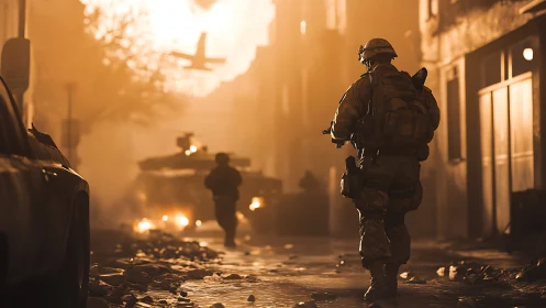 Soldiers advance through burning urban street at sunset