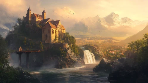 Medieval cliffside fortress overlooks radiant mountain falls.