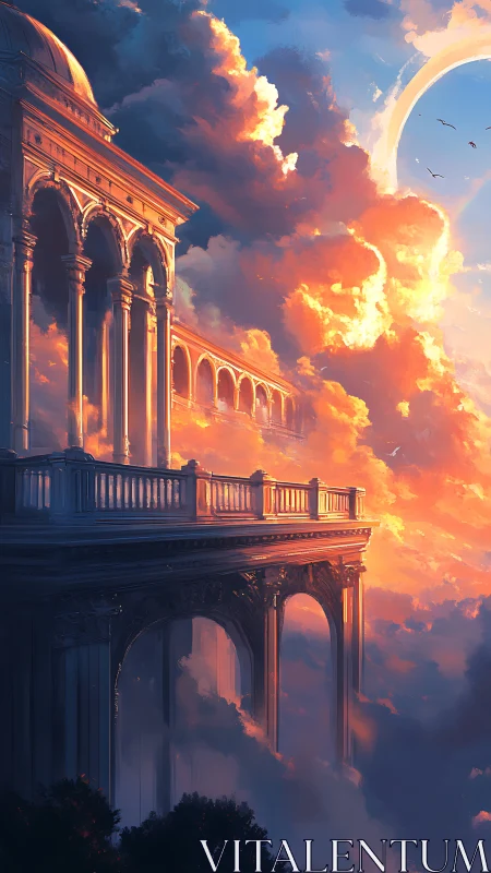 Sunlit sky palace rises through luminous sunset clouds