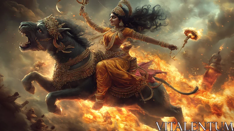 Mythic warrior goddess on armored lion amid blazing battlefield