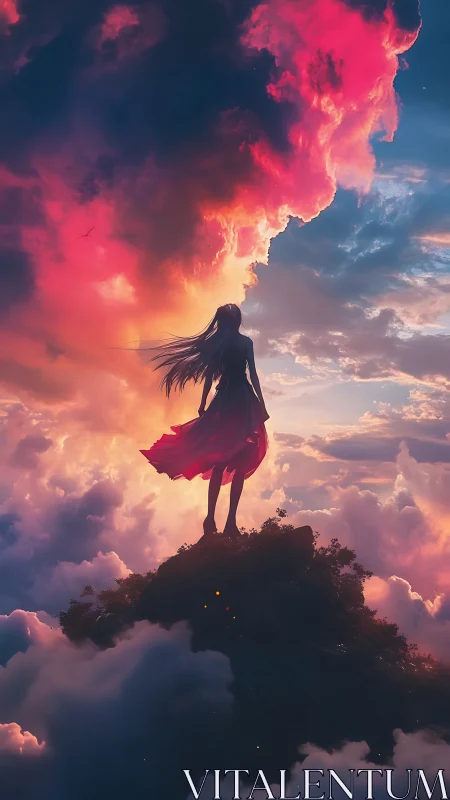 Skyline daydreamer beneath a storm of cotton candy fire.