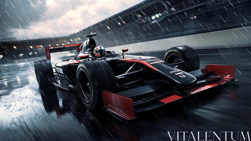 Hybrid F1 race car powers through wet circuit under rain.