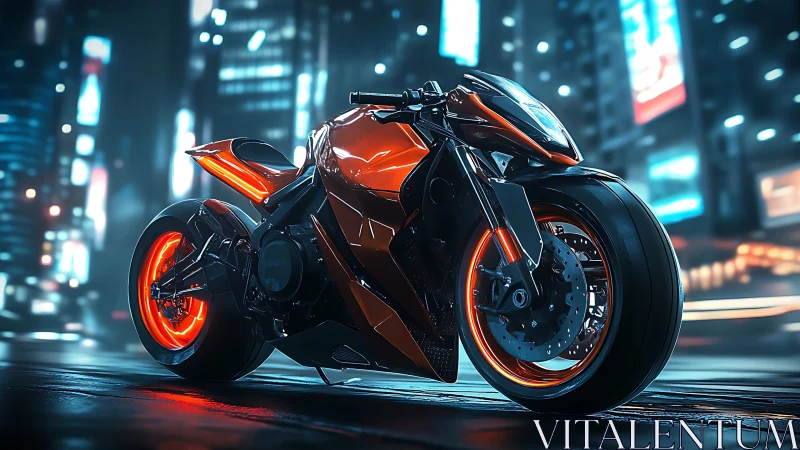Neon predator bike idling under rain‑slick cyber city glow.