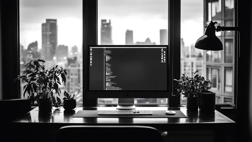Monochrome developer workstation overlooks dense urban skyline
