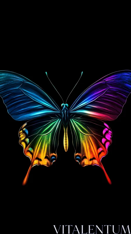 Radiant neon butterfly glows against deep black void.
