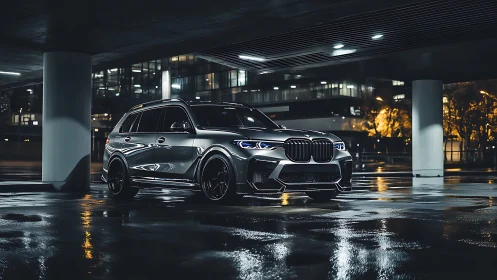 Sleek silver SUV glows confidently in a glossy night cityscape
