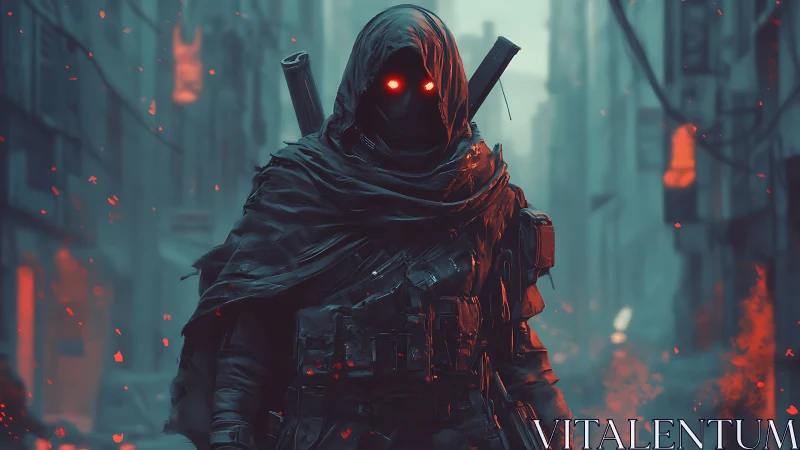 Cyberpunk hooded operative in ember-lit dystopian alleyway.