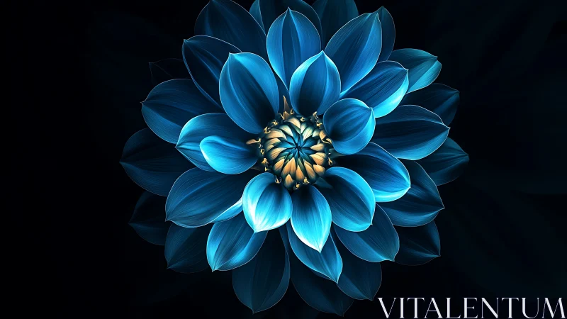 Blue Dahlia with Golden Center Against Deep Navy Backdrop.