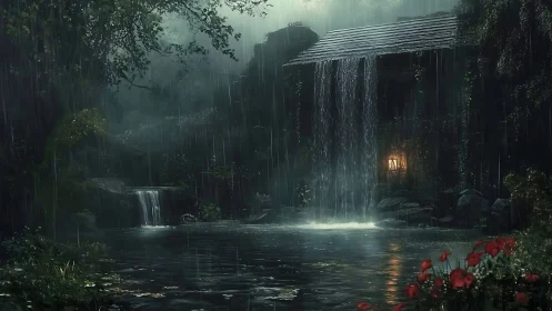 Rain-silvered forest mill hums softly beneath veiled waterfalls