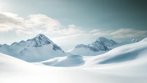 Snow covered mountain peaks under cold winter sky.