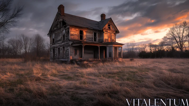 Weathered farmhouse glows under eerie sunset sky in fields.