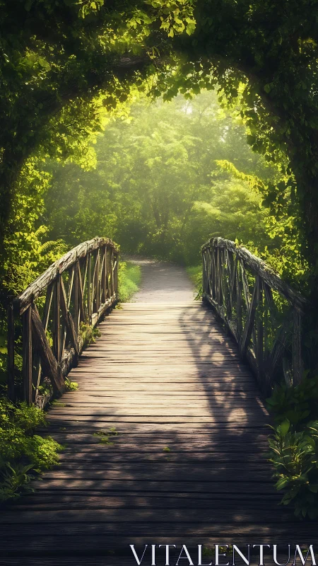 Wooden garden bridge under dense green foliage archway.