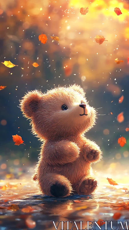 Backlit digital bear observes drifting autumn foliage softly