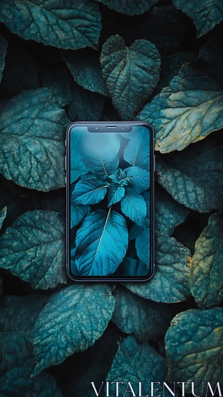 Smartphone displays matching teal leaves amid dense foliage