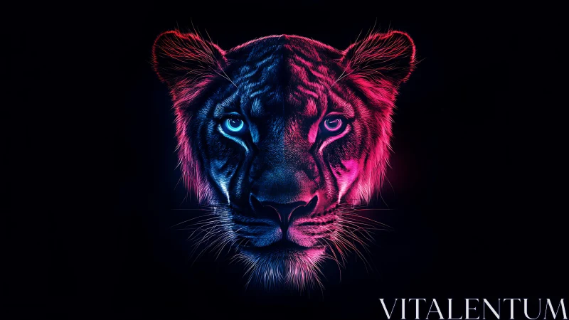 Neon-lit tiger portrait uses dual-color rim lighting on black