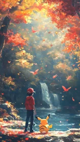 Autumn forest adventure with a young trainer and tiny friend.