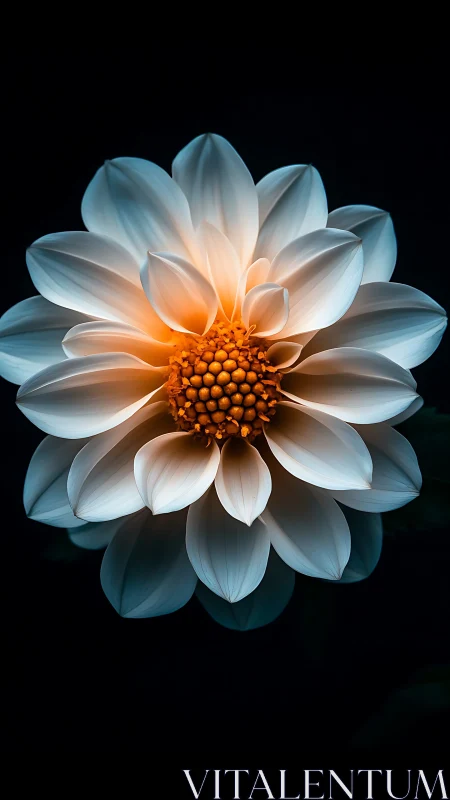 White Dahlia with Orange Center Against Black Background