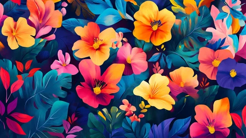 Vibrant Digital Floral Composition with Layered Blooms and Teal Foliage.