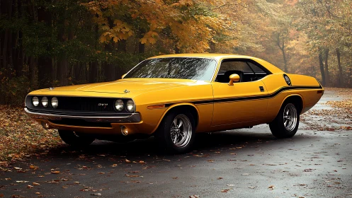 Vintage yellow muscle car glows against misty autumn woods