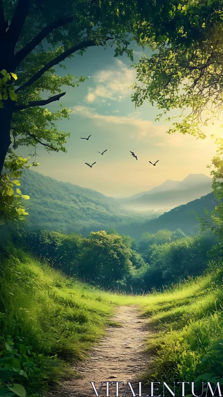 Sunlit forest trail leads toward misty green mountains