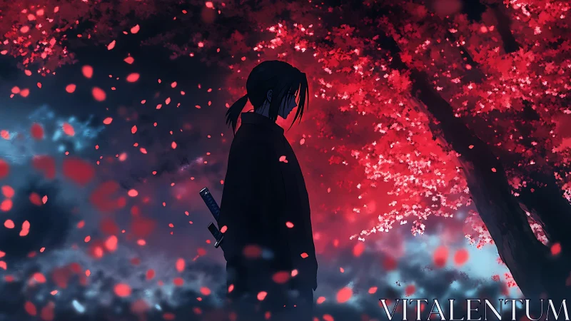 Silent swordsman beneath a storm of crimson petals.